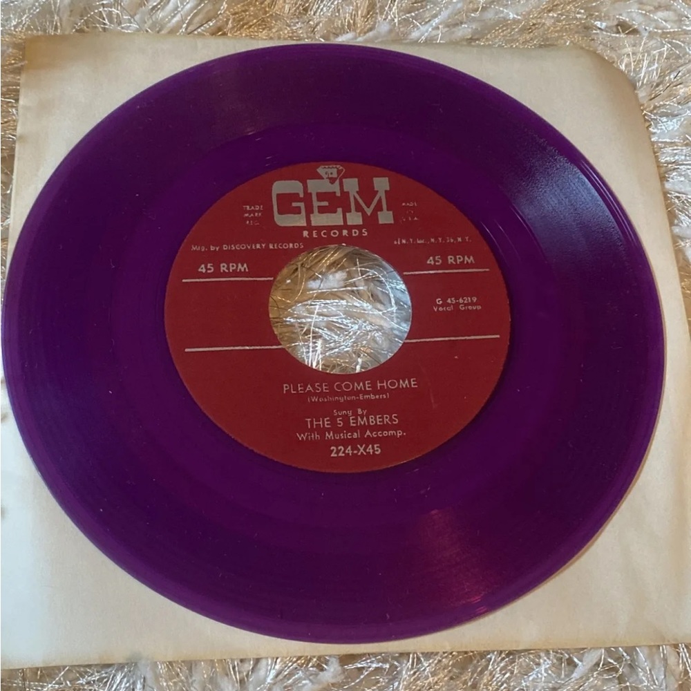 The 5 Embers Please Come Home / Love Birds 45 Rpm Purple Vinyl Gem Records Repro